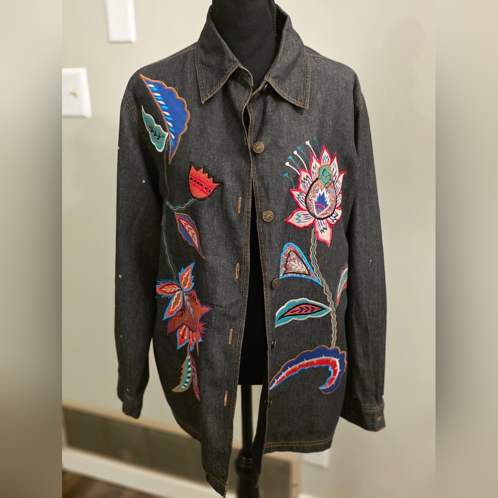 Indigo Moon Embroidered Floral Denim Jacket
